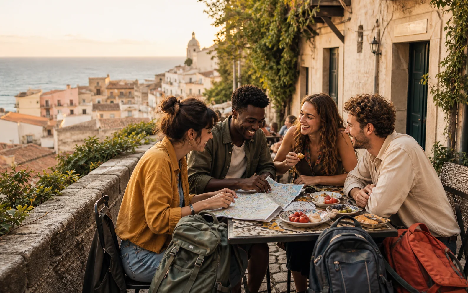 Travelers sharing food together in a Mediterranean town